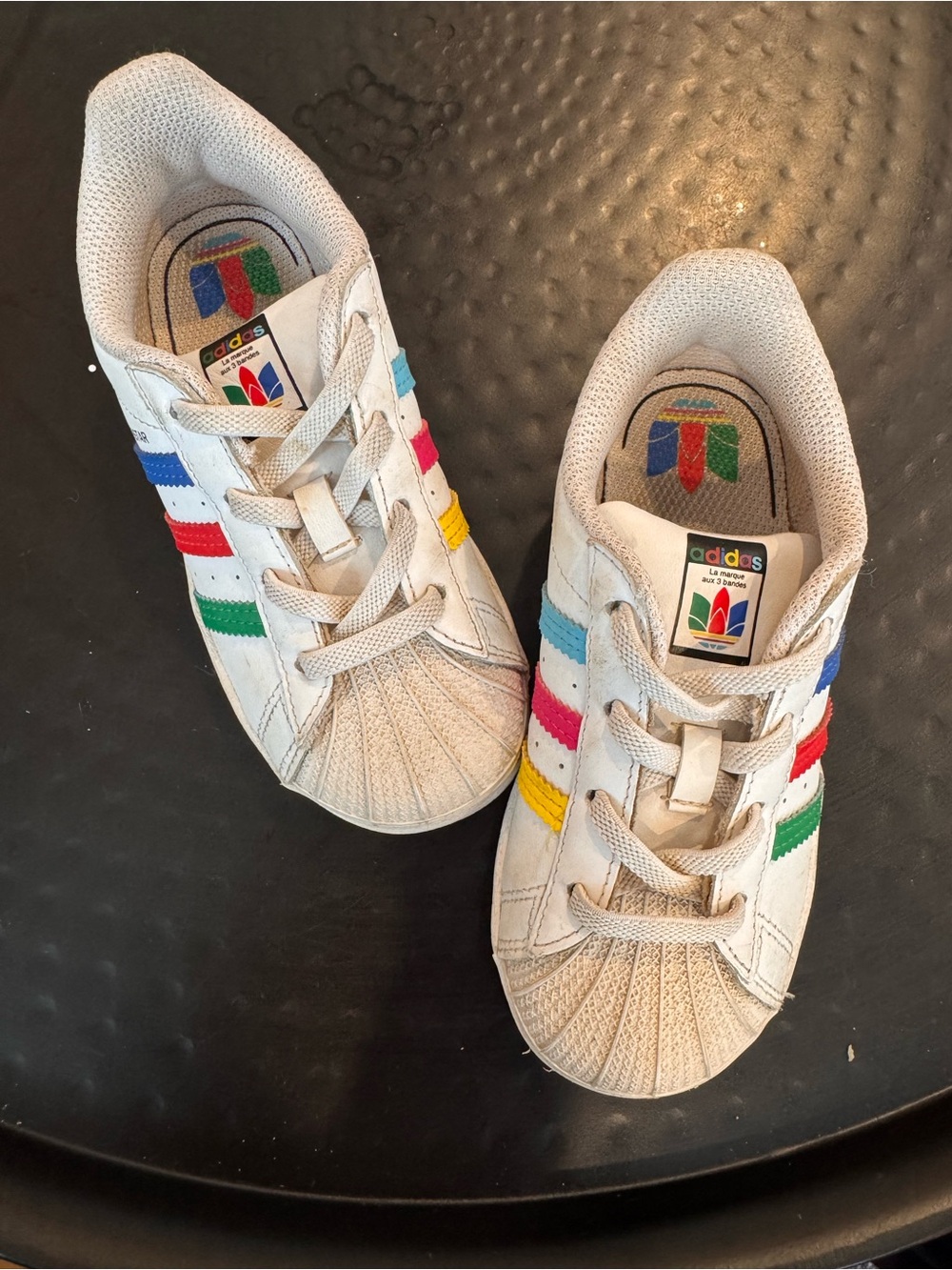 adidas Kids White Sneakers with Red, Blue, Green & Yellow Stripes